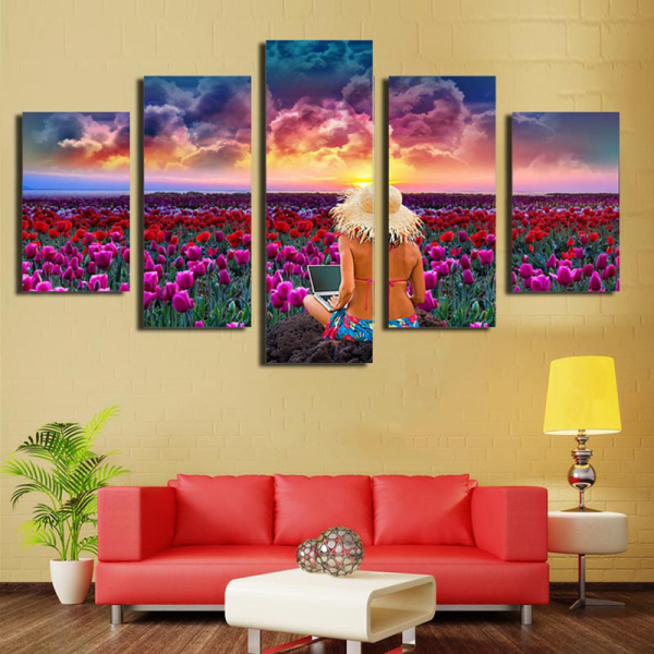 unframed 5 panel printed oil painting of beautiful girl art wall decoration for home