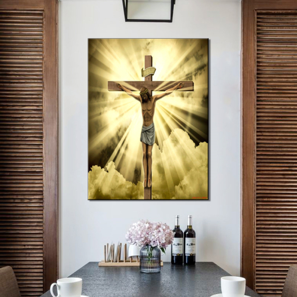 HD Printed Canvas Posters Frame Living Room Wall Art Gold Sky Jesus Statue Cross Home Decor Painting Modular Pictures