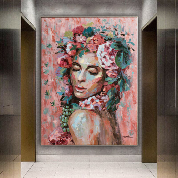 Handmade Texture Oil Painting A woman with flowers on her head Abstract Art Wall Pictures Decoration
