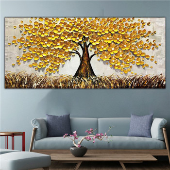 Golden tree knife painting thick texture handmade oil painting for home decoration
