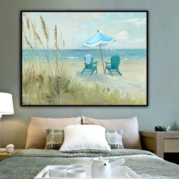 Handmade Texture Oil Painting View the scenery on the beach reclining chair Abstract Art Wall Pictures Decoration