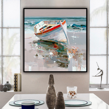 handmade oil painting A boat by the sea Thick texture home decor  Wall Decoration