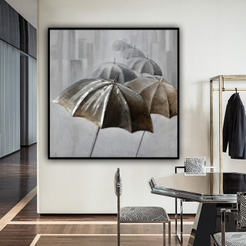 handmade oil painting  Thick texture A line of gray and black umbrellas home decor  Wall Decoration