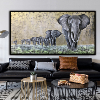 Handgefertigte Wanddekoration. Ein Elefantenteam, abstraktes Leinwand-Kunst-Ölgemälde für Wohnzimmer-Dekor, Wanddekoration