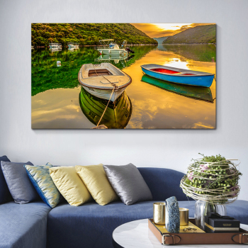 Digital printing canvas painting beautiful lake scenic with boat, scenery art picture 3d printing painting
