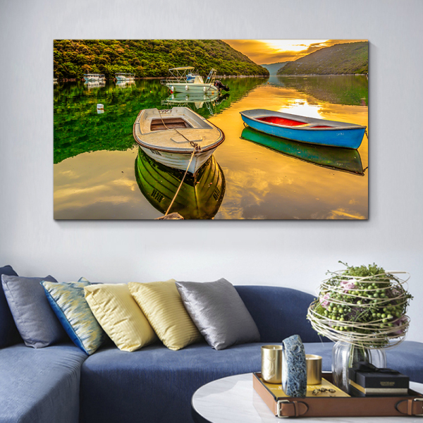 Digital printing canvas painting beautiful lake scenic with boat, scenery art picture 3d printing painting