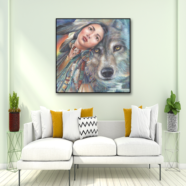 Manufacturer factory direct indian lady and wolf hpme painting, unique design OEM quality home wall decor canvas painting