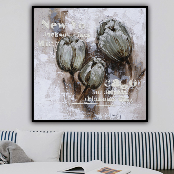 handmade oil painting  Thick texture gray Flowers in bud  home decor  Wall Decoration