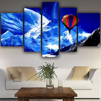 Factory Wholesale 5 Panel Snow Mountain Scenic Hot Air Balloon Wall Art Canvas Room Wall Decor Painting