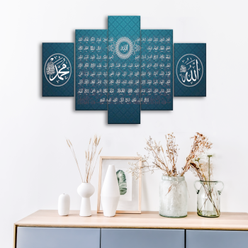 Póster de pintura en lienzo moderno de 5 paneles, arte de pared, sala de estar, pintura islámica dorada, marco HD árabe, imágenes impresas para decoración del hogar