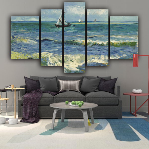 Landscape oil painting sea sailing boat canvas painting wall decoration print art 5 panel canvas painting