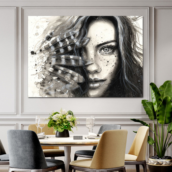 Feather Long Hair Girl Modern Frameless Printing Wall Art Home Black And White Decorative Oil Painting
