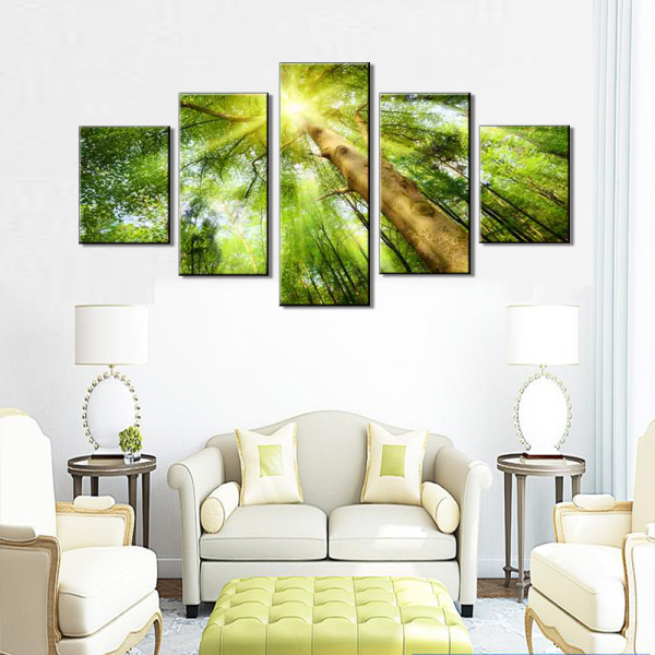 Pictures Home Decoration HD Printed Paintings Modular Posters Modern 5 Panel Green Tree Landscape Tableau Wall Art Canvas