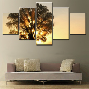 Le soleil couchant pénètre la vue du grand arbre 5 pièces de peinture à l'huile toile peinture en aérosol maison décoration murale peinture
