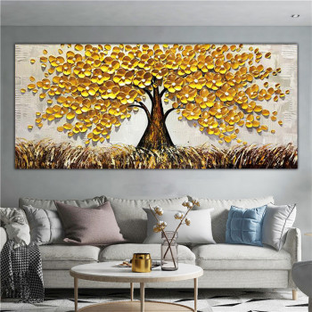 Golden tree knife painting thick texture handmade oil painting for home decoration