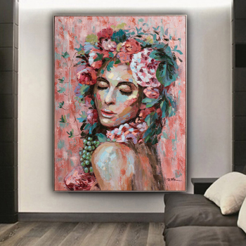 Handmade Texture Oil Painting A woman with flowers on her head Abstract Art Wall Pictures Decoration