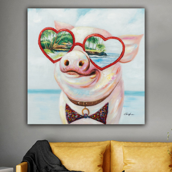 Animal Art Paintings Handmade cute pig with sunglasses Oil Paintings for Wall Decor
