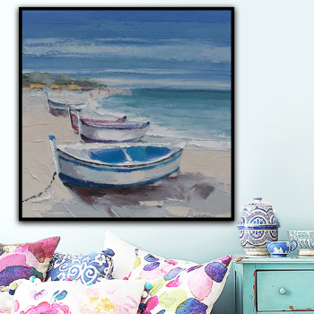 handmade oil painting Boats on the beach Thick texture home decor  Wall Decoration