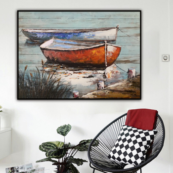 Handmade Texture Oil PaintingTwo small boats docked by the river Abstract Art Wall Pictures for Home Office Decoration