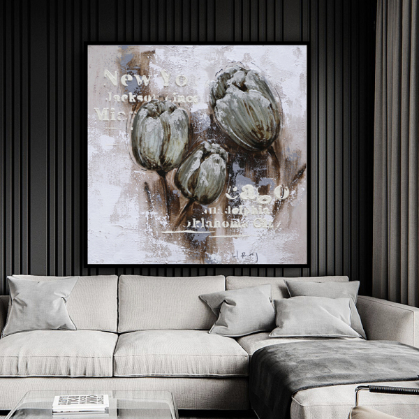 handmade oil painting  Thick texture gray Flowers in bud  home decor  Wall Decoration