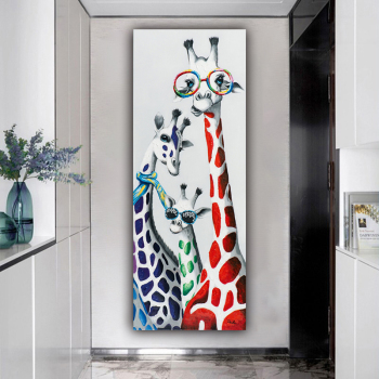 Handmade Texture Oil Painting Funny giraffes of three Abstract Art Wall Pictures for Home Office Decoration