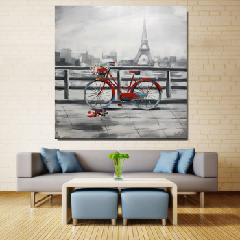 Modern Decoration Romantic Eiffel Tower Bike Canvas Painting Custom Handmade Quality Canvas Oil Painting