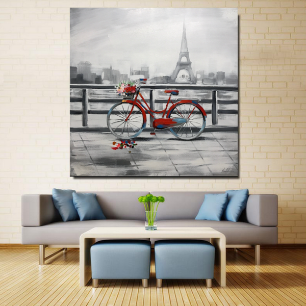 Modern Decoration Romantic Eiffel Tower Bike Canvas Painting Custom Handmade Quality Canvas Oil Painting