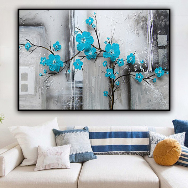 100%Handmade  Texture Oil Painting Blue flowers~  Abstract Art Wall Pictures for Living Room Home Office Decoration