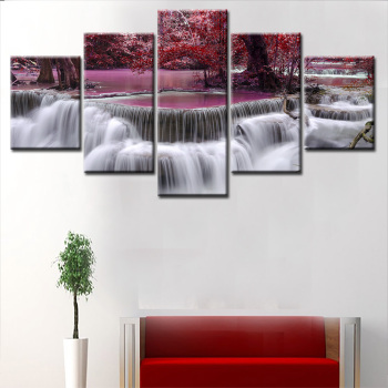 Красные кленовые деревья и ручьи Красивая картина маслом Холст Спрей Живопись 5 Декоративные картины на стене