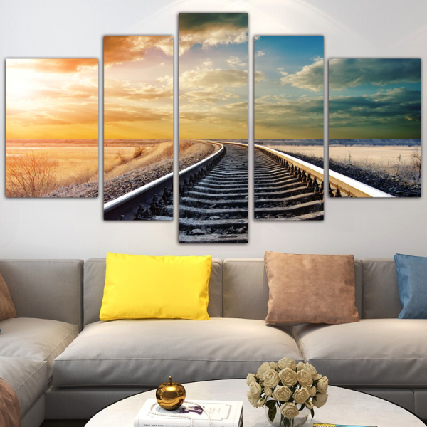 Best Short Lint Canvas Wholesale 5 Panel Setting Sun Scenery Railroad Track Digital Printing Canvas Painting