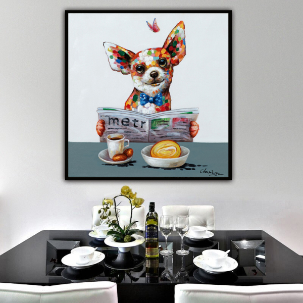 Hot selling 100% handmade modern colorful animal abstract POP art dog read newspapers oil painting on canvas for home decor