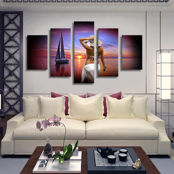 unframed 5 panel printed oil painting of beautiful girl art wall decoration for home