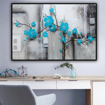 100% fait à la main Texture peinture à l'huile fleurs bleues ~ Art abstrait mur photos pour salon maison bureau décoration