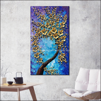 Newest sale golden flowers on blue background theme art paintings print handmade canvas oil painting