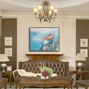 New arrival blue sea boat scenic art handmade oil painting, rectangle oil painting canvas