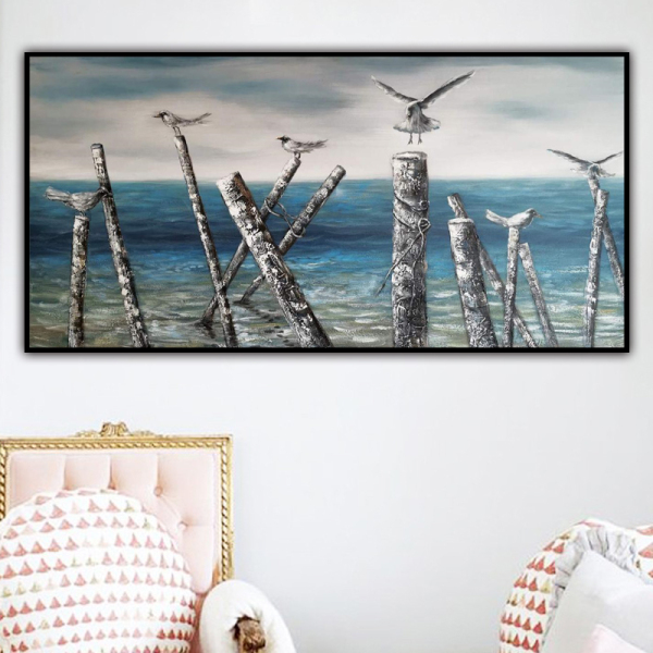 handmade oil  painting Thick texture Birds on dead wood by the sea for home decorate