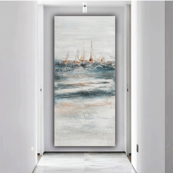 Heavy texture abstract sailing boat sea view oil painting, home hotel decoration canvas handmade oil painting