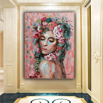 Handmade Texture Oil Painting A woman with flowers on her head Abstract Art Wall Pictures Decoration
