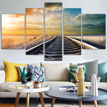 Best Short Lint Canvas Wholesale 5 Panel Setting Sun Scenery Railroad Track Digital Printing Canvas Painting