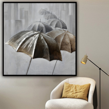 handmade oil painting  Thick texture A line of gray and black umbrellas home decor  Wall Decoration