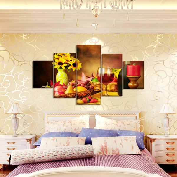 Modern Style Red Wine Fruit Still Life Art Canvas Prints, Artwork 5 Panels Wall Art Picture