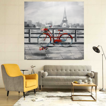 Modern Decoration Romantic Eiffel Tower Bike Canvas Painting Custom Handmade Quality Canvas Oil Painting
