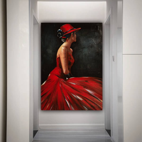 Handmade  Texture Oil Painting A woman in a red evening dress Abstract Art Wall Pictures  Decoration