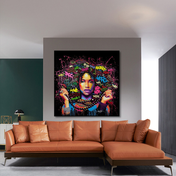 Wholesale living room hotel wall decor painting, sex black lady graffiti art painting, short lint print canvas painting