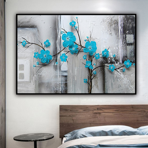 100%Handmade  Texture Oil Painting Blue flowers~  Abstract Art Wall Pictures for Living Room Home Office Decoration