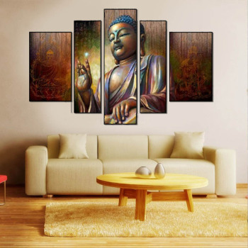 5 paneles HD lienzo Buda pintura arte religioso pintura al óleo para decoración de Hotel