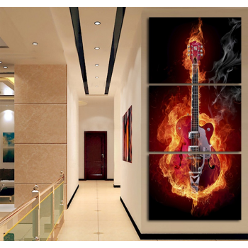 Arte musical, pintura de pared de 3 paneles, decoraciones modernas para el hogar, imágenes artísticas de guitarra ardiente negra, decoración en lienzo, pintura impresa