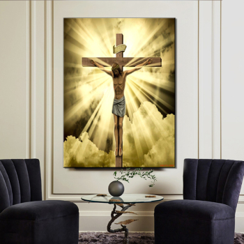 Golden Sky Jesus Sculpture Cross Living Room Wall Art Home Decoration Oil painting Printing Canvas Painting