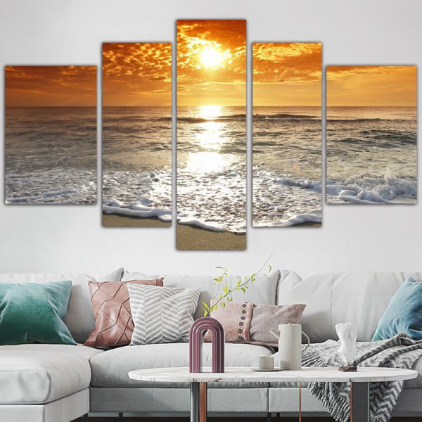 Canvas 5 Panel Hot The beach the sea the golden sky the  scenery  pretty  Wall Art Poster HD Print OTHER Paintings