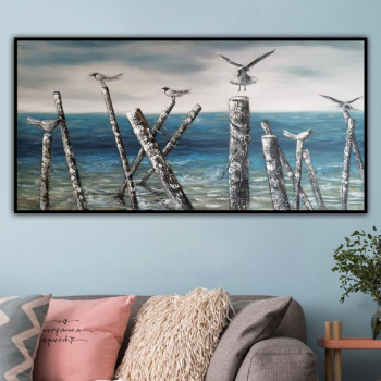 handmade oil  painting Thick texture Birds on dead wood by the sea for home decorate